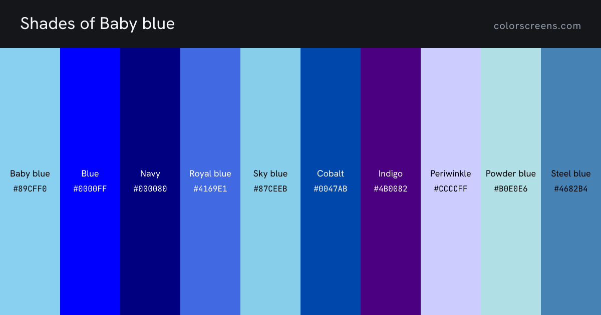 Shades of Baby blue: Baby blue #89CFF0, Blue #0000FF, Navy #000080, Royal blue #4169E1, Sky blue #87CEEB, Cobalt #0047AB, Indigo #4B0082, Periwinkle #CCCCFF, Powder blue #B0E0E6, Steel blue #4682B4, ...