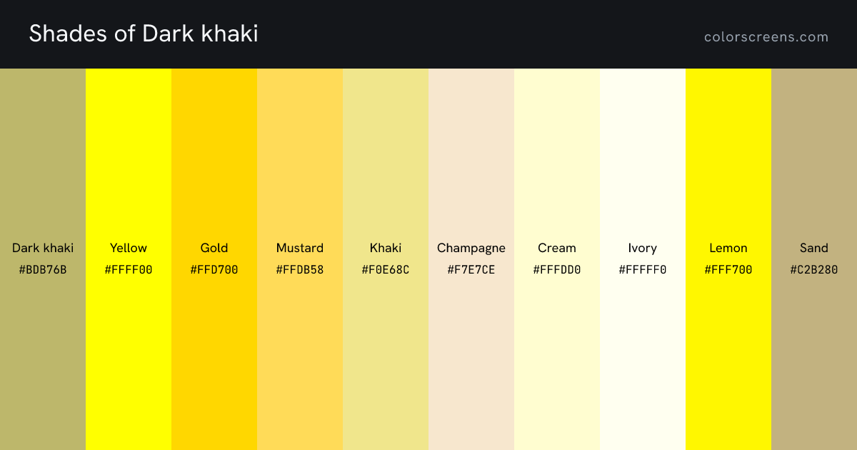 Shades of Dark khaki: Dark khaki #BDB76B, Yellow #FFFF00, Gold #FFD700, Mustard #FFDB58, Khaki #F0E68C, Champagne #F7E7CE, Cream #FFFDD0, Ivory #FFFFF0, Lemon #FFF700, Sand #C2B280, ...