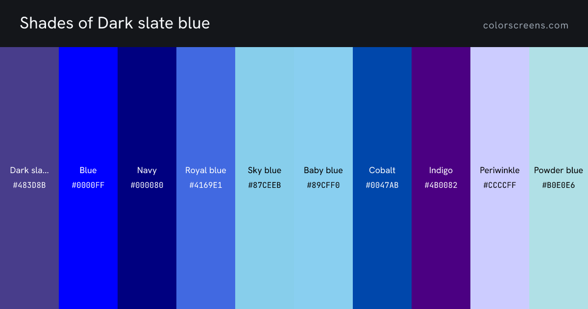 Shades of Dark slate blue: Dark slate blue #483D8B, Blue #0000FF, Navy #000080, Royal blue #4169E1, Sky blue #87CEEB, Baby blue #89CFF0, Cobalt #0047AB, Indigo #4B0082, Periwinkle #CCCCFF, Powder blue #B0E0E6, ...