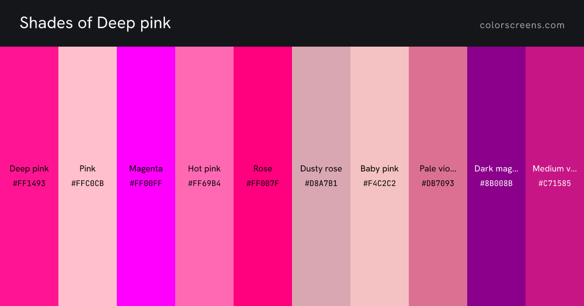 Shades of Deep pink: Deep pink #FF1493, Pink #FFC0CB, Magenta #FF00FF, Hot pink #FF69B4, Rose #FF007F, Dusty rose #D8A7B1, Baby pink #F4C2C2, Pale violet red #DB7093, Dark magenta #8B008B, Medium violet red #C71585