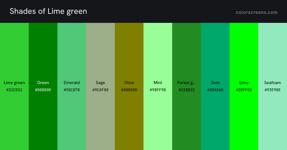 Shades of Lime green: Lime green #32CD32, Green #008000, Emerald #50C878, Sage #9CAF88, Olive #808000, Mint #98FF98, Forest green #228B22, Jade #00A86B, Lime #00FF00, Seafoam #93E9BE, ...