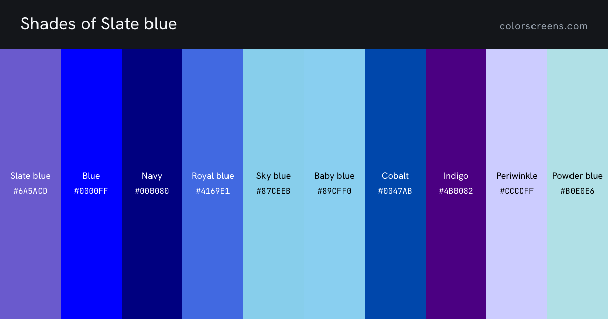 Shades of Slate blue: Slate blue #6A5ACD, Blue #0000FF, Navy #000080, Royal blue #4169E1, Sky blue #87CEEB, Baby blue #89CFF0, Cobalt #0047AB, Indigo #4B0082, Periwinkle #CCCCFF, Powder blue #B0E0E6, ...