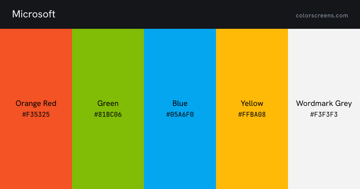 Microsoft brand colors: Orange Red #F35325, Green #81BC06, Blue #05A6F0, Yellow #FFBA08, Wordmark Grey #F3F3F3